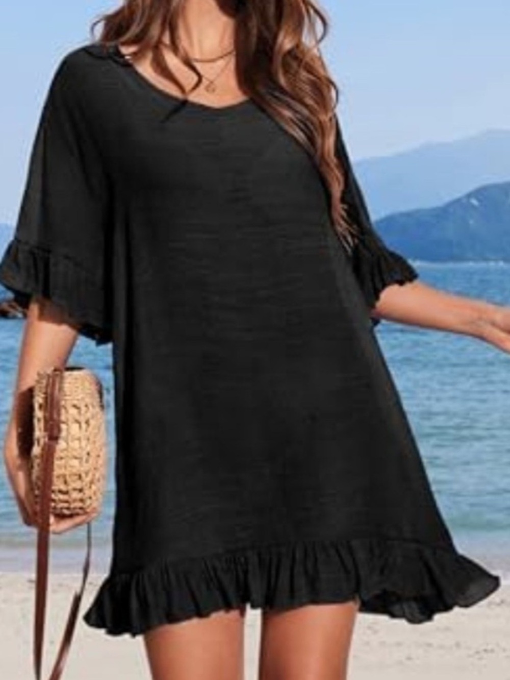 NWT Ekouaer Black Ruffle Hem Swim Cover Up Dress Tie Back Size Large